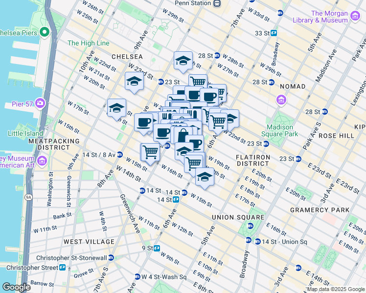 map of restaurants, bars, coffee shops, grocery stores, and more near in New York