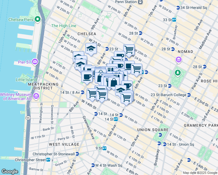 map of restaurants, bars, coffee shops, grocery stores, and more near in New York