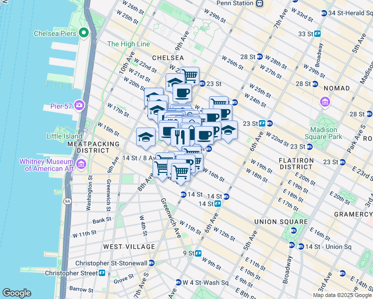 map of restaurants, bars, coffee shops, grocery stores, and more near in New York
