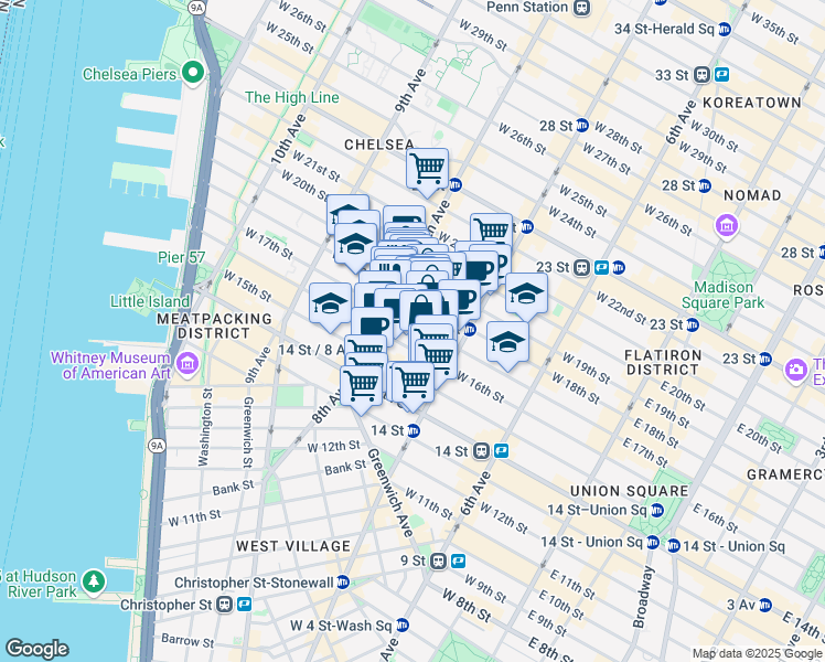 map of restaurants, bars, coffee shops, grocery stores, and more near in New York