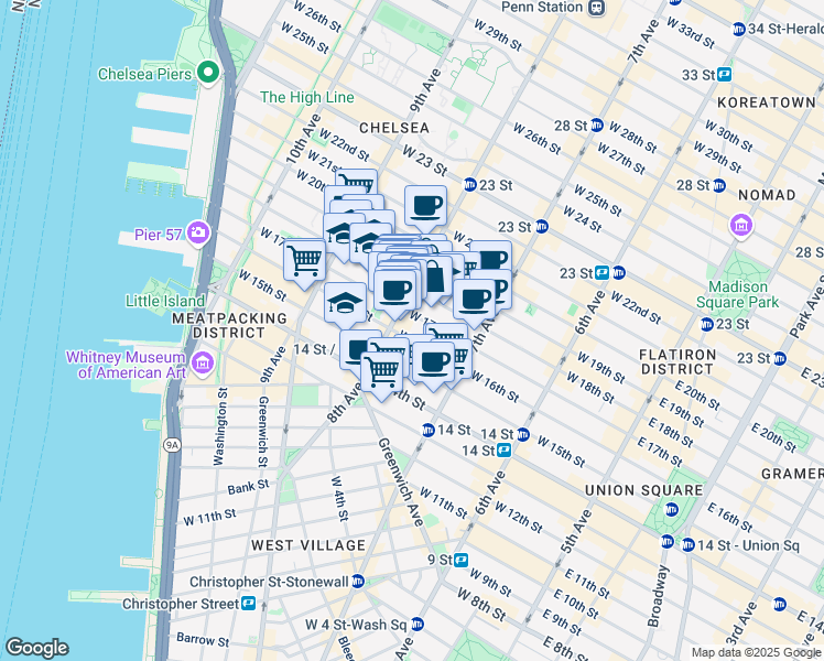 map of restaurants, bars, coffee shops, grocery stores, and more near 146-150 8th Avenue in New York
