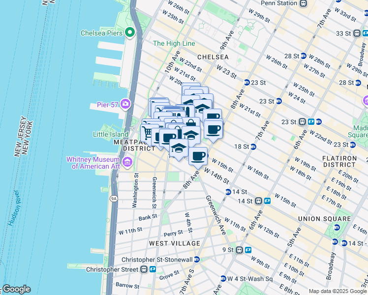 map of restaurants, bars, coffee shops, grocery stores, and more near 359 West 15th Street in New York
