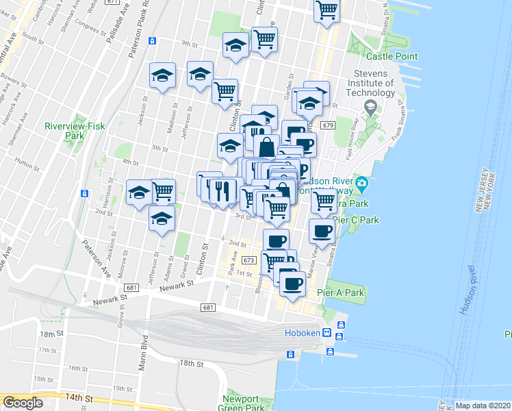 map of restaurants, bars, coffee shops, grocery stores, and more near 336 Park Avenue in Hoboken