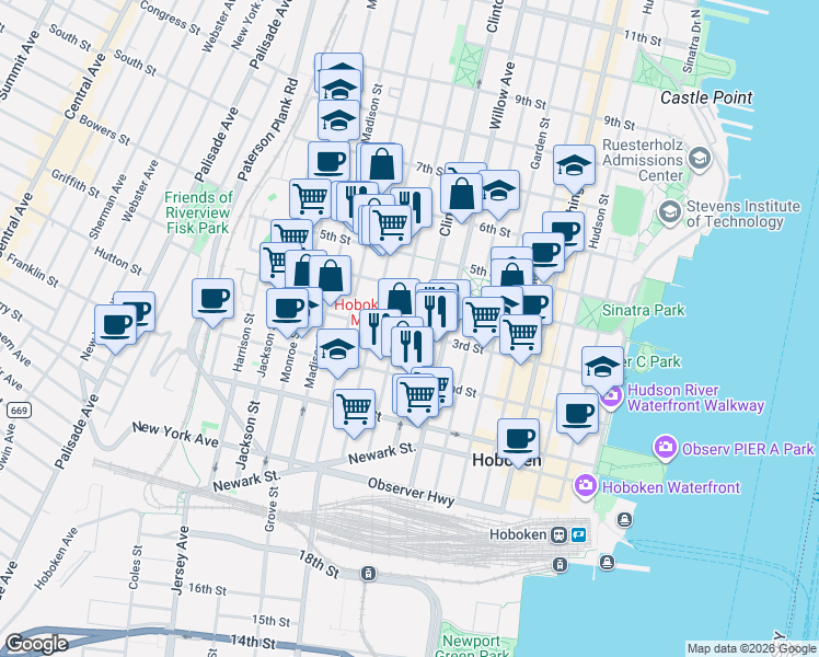 map of restaurants, bars, coffee shops, grocery stores, and more near 302 Grand Street in Hoboken