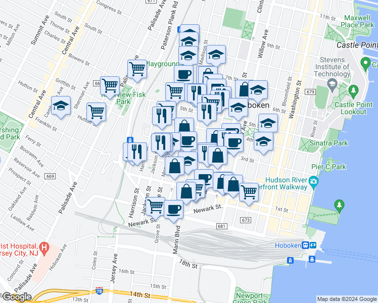 map of restaurants, bars, coffee shops, grocery stores, and more near 300 Madison Street in Hoboken