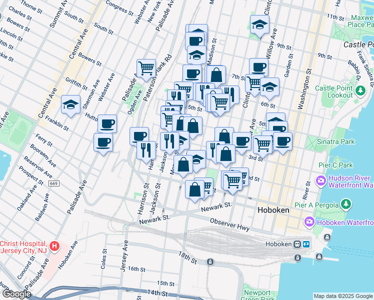 map of restaurants, bars, coffee shops, grocery stores, and more near 300 Madison Street in Hoboken