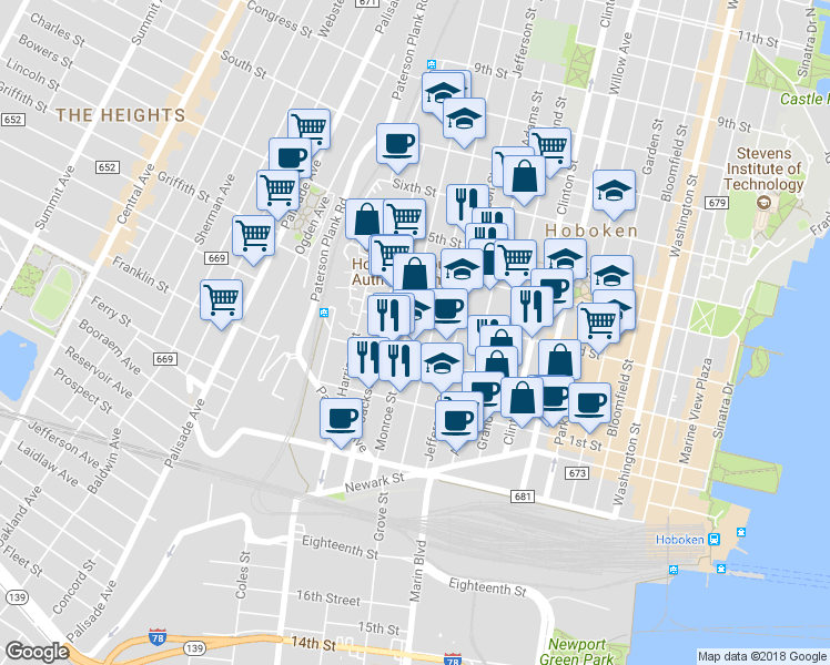 map of restaurants, bars, coffee shops, grocery stores, and more near 300 Madison Street in Hoboken