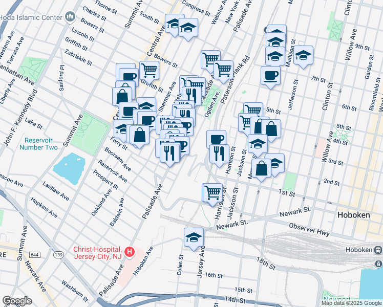map of restaurants, bars, coffee shops, grocery stores, and more near 220 Ogden Avenue in Jersey City