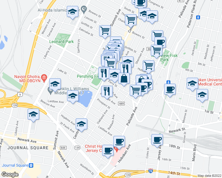 map of restaurants, bars, coffee shops, grocery stores, and more near 100 Ferry Street in Jersey City