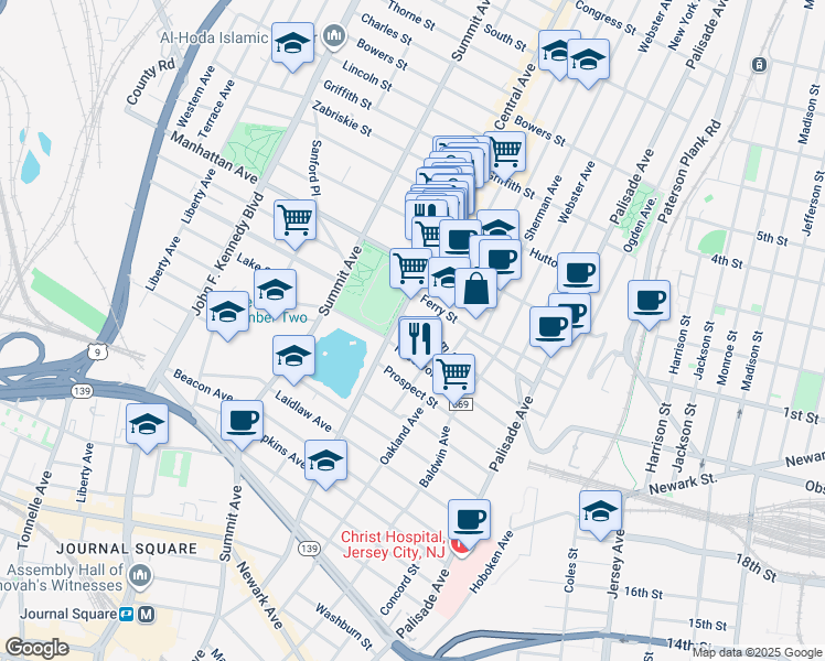 map of restaurants, bars, coffee shops, grocery stores, and more near 202-206 Central Avenue in Jersey City