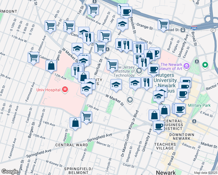 map of restaurants, bars, coffee shops, grocery stores, and more near 14 School Street in Newark