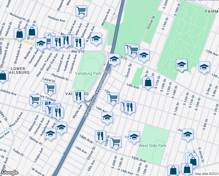 map of restaurants, bars, coffee shops, grocery stores, and more near 67 Oak Avenue in Irvington