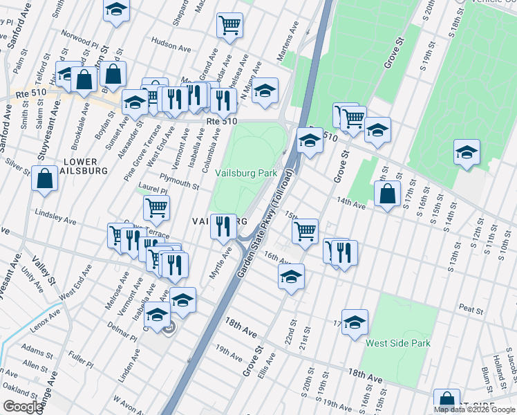 map of restaurants, bars, coffee shops, grocery stores, and more near 694-736 South Orange Avenue in Newark