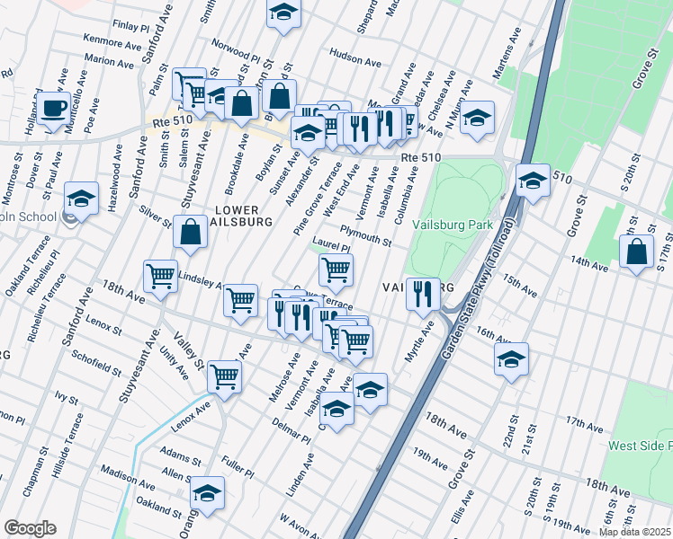 map of restaurants, bars, coffee shops, grocery stores, and more near 10 Carolina Avenue in Newark