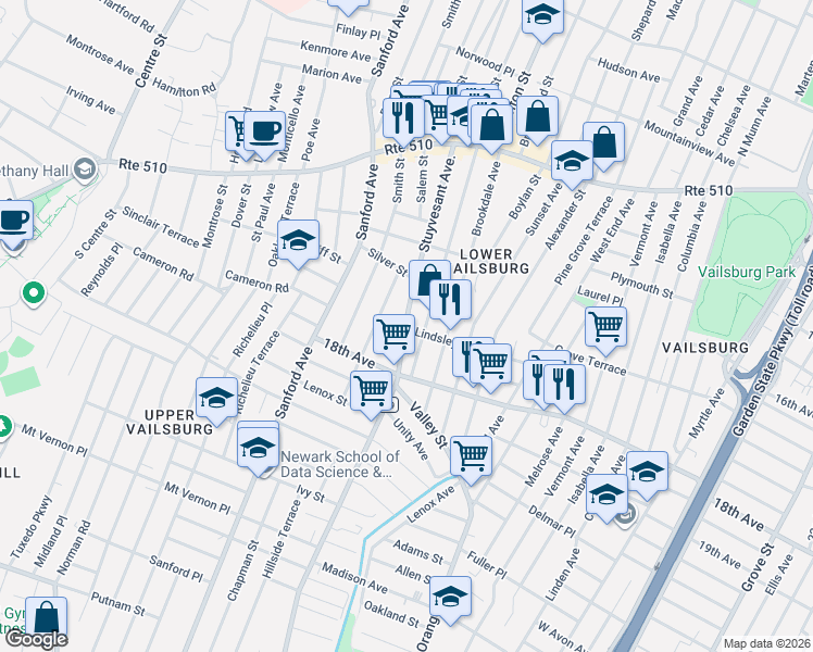 map of restaurants, bars, coffee shops, grocery stores, and more near 133 Stuyvesant Avenue in Newark