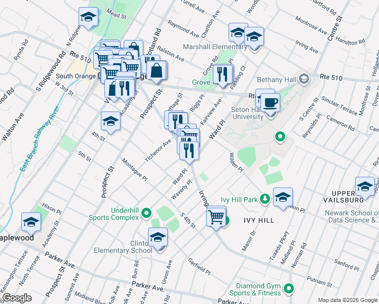 map of restaurants, bars, coffee shops, grocery stores, and more near 152 Fairview Avenue in South Orange