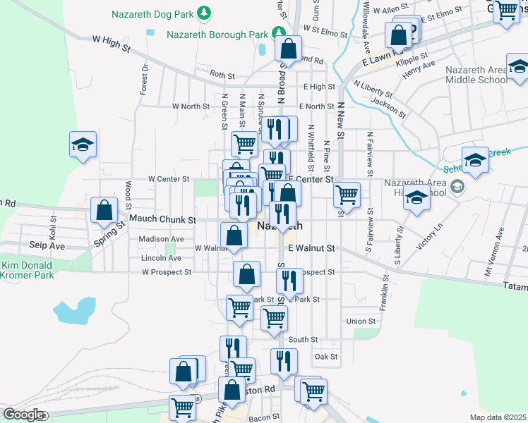 map of restaurants, bars, coffee shops, grocery stores, and more near 31 South Spruce Street in Nazareth