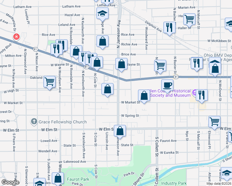 map of restaurants, bars, coffee shops, grocery stores, and more near 1100 West High Street in Lima
