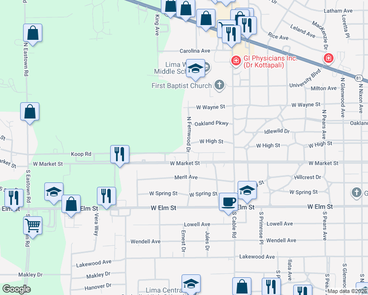 map of restaurants, bars, coffee shops, grocery stores, and more near 255 N Fernwood Dr in Lima