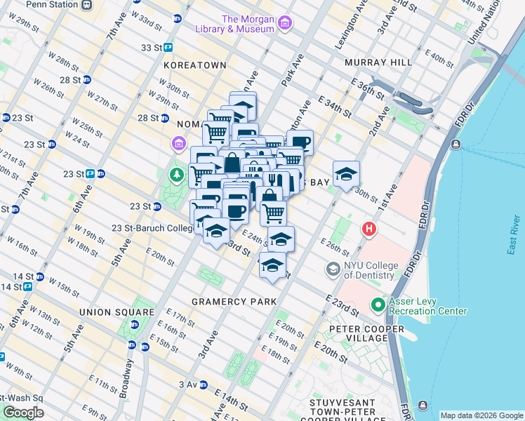 map of restaurants, bars, coffee shops, grocery stores, and more near 160 East 26th Street in New York