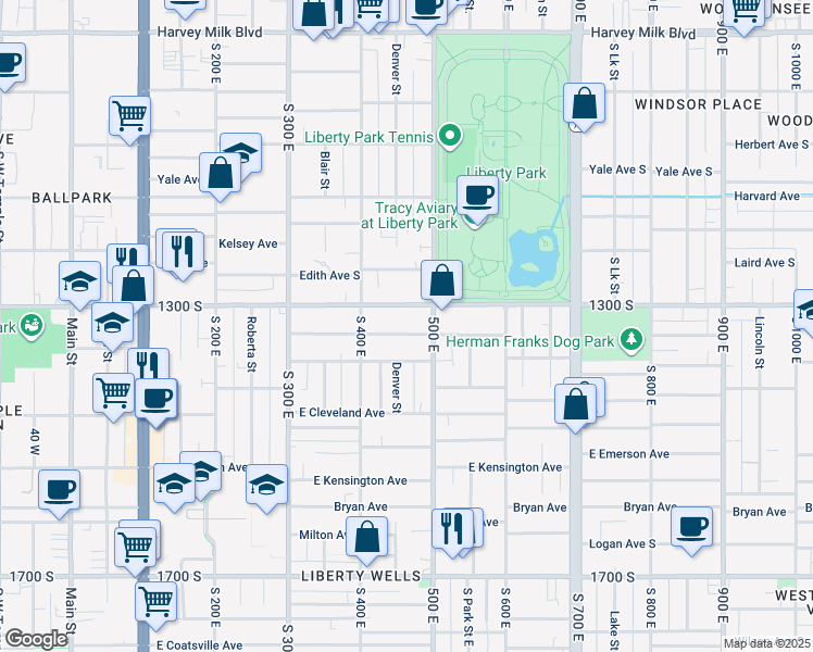 map of restaurants, bars, coffee shops, grocery stores, and more near 457 East Sherman Avenue in Salt Lake City