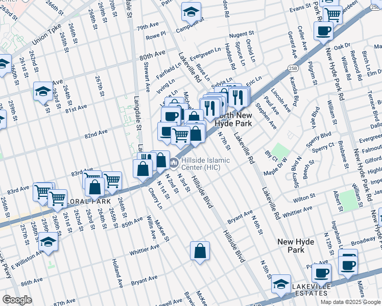 map of restaurants, bars, coffee shops, grocery stores, and more near 412 Hillside Avenue in New Hyde Park