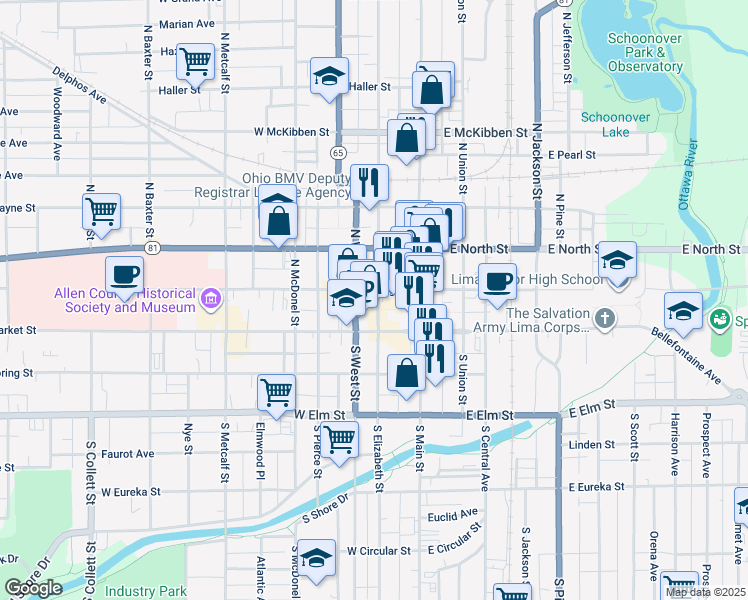 map of restaurants, bars, coffee shops, grocery stores, and more near 136 West High Street in Lima