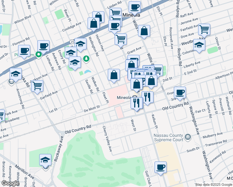 map of restaurants, bars, coffee shops, grocery stores, and more near 259 1st Street in Mineola