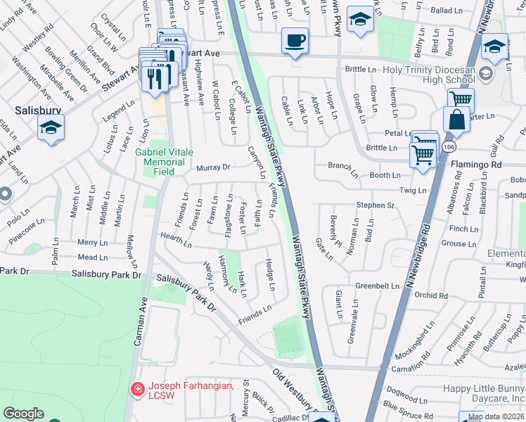 map of restaurants, bars, coffee shops, grocery stores, and more near 17 Faith Lane in Westbury