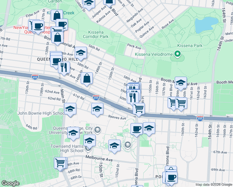 map of restaurants, bars, coffee shops, grocery stores, and more near 150-26 59th Avenue in Queens