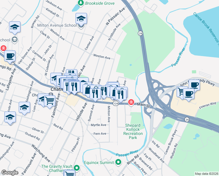 map of restaurants, bars, coffee shops, grocery stores, and more near 34 Hedges Avenue in Chatham