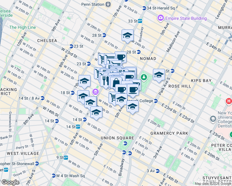map of restaurants, bars, coffee shops, grocery stores, and more near 21 West 21st Street in New York