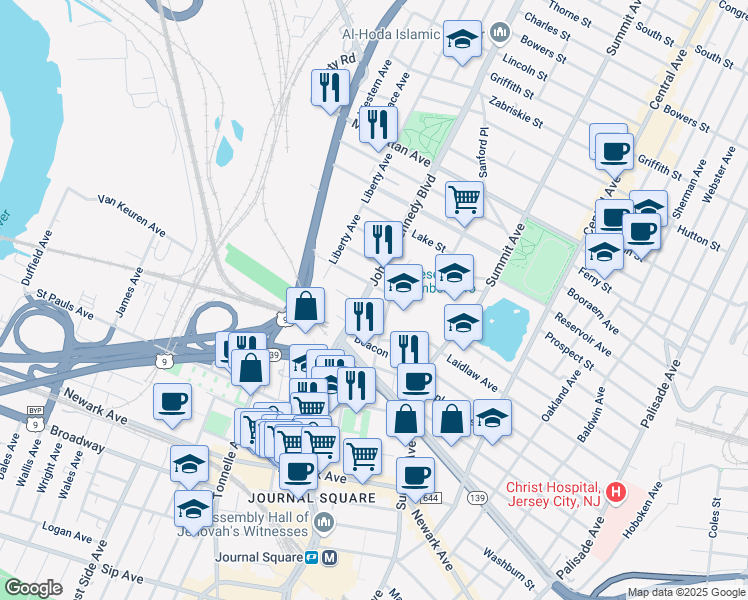 map of restaurants, bars, coffee shops, grocery stores, and more near 3181 John F. Kennedy Boulevard in North Bergen