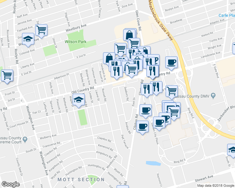 map of restaurants, bars, coffee shops, grocery stores, and more near 52 Avalon Road in Garden City