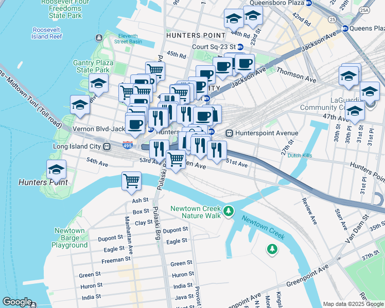 map of restaurants, bars, coffee shops, grocery stores, and more near 50-10 49th Avenue in Queens