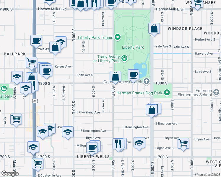 map of restaurants, bars, coffee shops, grocery stores, and more near 464 East 1300 South in Salt Lake City
