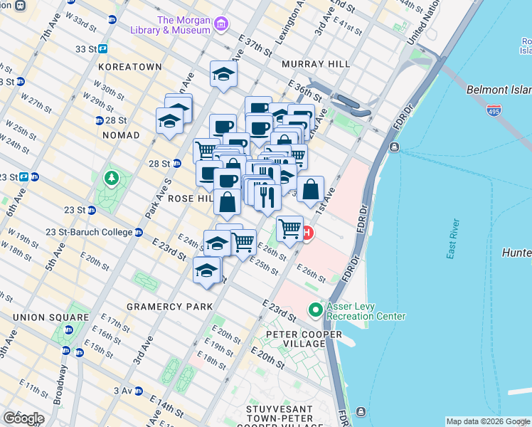 map of restaurants, bars, coffee shops, grocery stores, and more near 2nd Ave & E 28th St in New York