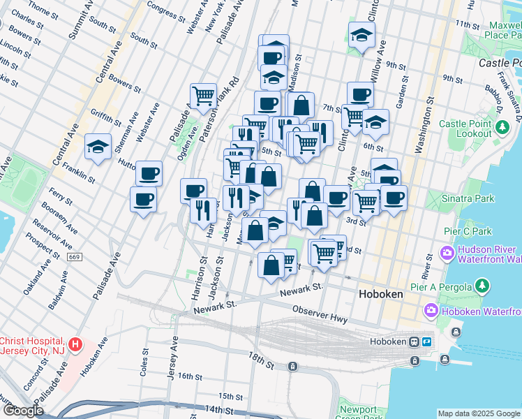 map of restaurants, bars, coffee shops, grocery stores, and more near 300 Madison Street in Hoboken