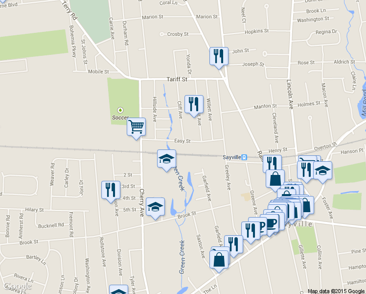 map of restaurants, bars, coffee shops, grocery stores, and more near 50 Easy Street in West Sayville
