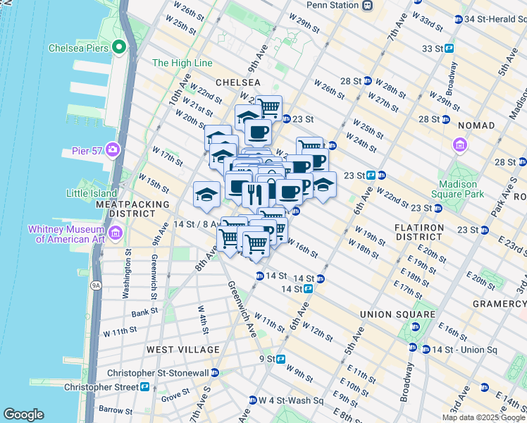 map of restaurants, bars, coffee shops, grocery stores, and more near 230 West 17th Street in New York