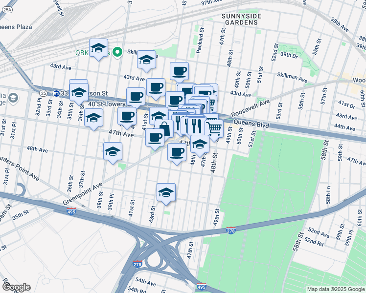 map of restaurants, bars, coffee shops, grocery stores, and more near 44-22 Greenpoint Avenue in Queens