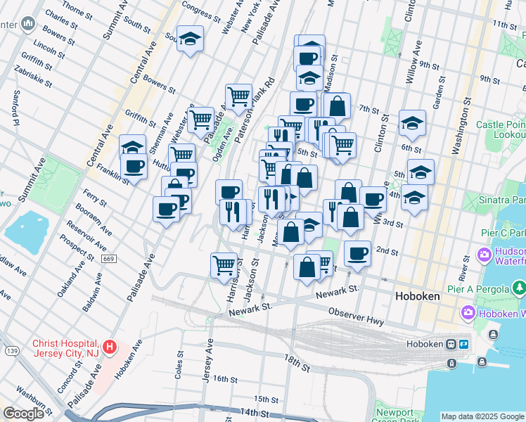 map of restaurants, bars, coffee shops, grocery stores, and more near 212 Jackson Street in Hoboken