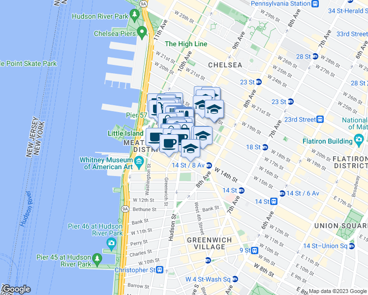 map of restaurants, bars, coffee shops, grocery stores, and more near 48 9th Avenue in New York