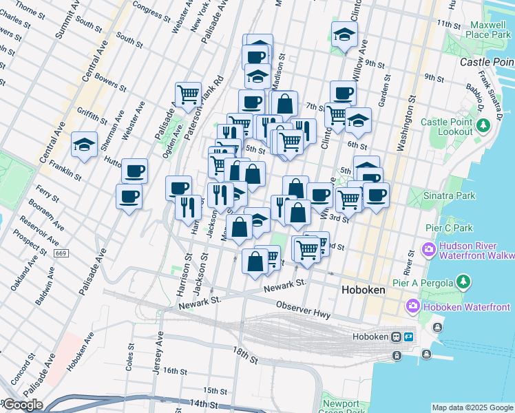 map of restaurants, bars, coffee shops, grocery stores, and more near 300 Madison Street in Hoboken