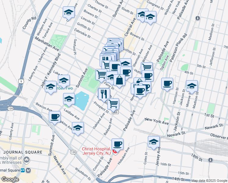 map of restaurants, bars, coffee shops, grocery stores, and more near 100 Ferry Street in Jersey City