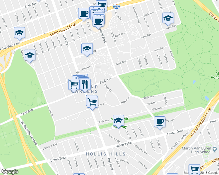 map of restaurants, bars, coffee shops, grocery stores, and more near 73-23 220th Street in Queens