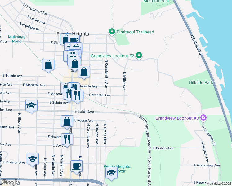 map of restaurants, bars, coffee shops, grocery stores, and more near 1525 East Moneta Avenue in Peoria Heights