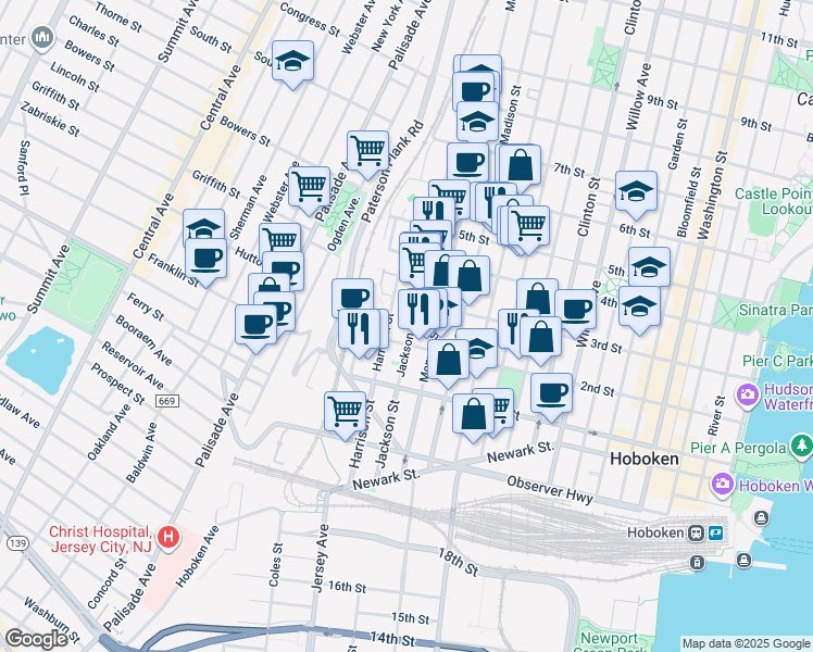 map of restaurants, bars, coffee shops, grocery stores, and more near 212 Jackson Street in Hoboken