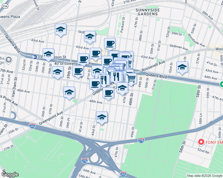 map of restaurants, bars, coffee shops, grocery stores, and more near 47-06 45th Street in Woodside