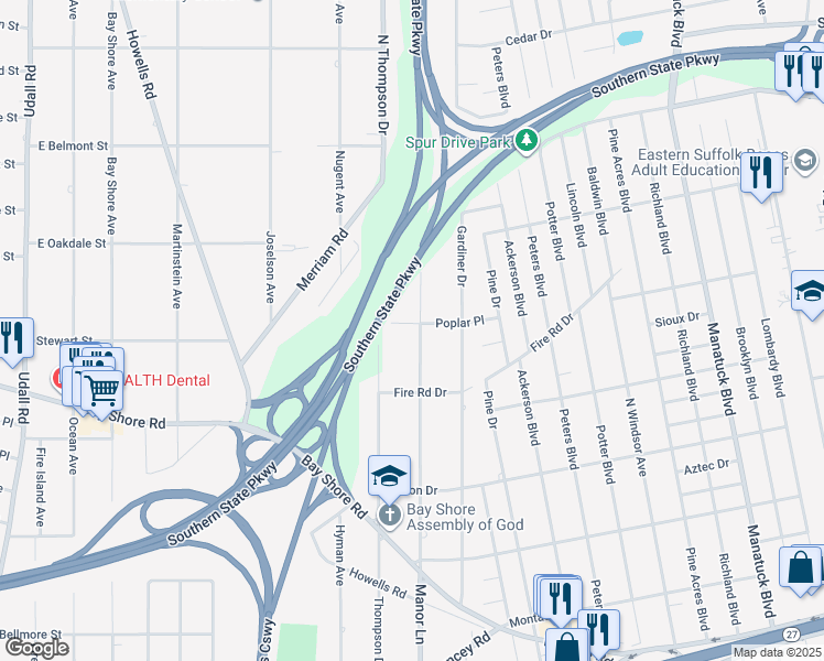 map of restaurants, bars, coffee shops, grocery stores, and more near 1449 Manor Lane in Bay Shore
